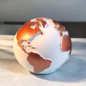 Natural grey cement, hand-painted 3D globe, sealed to last. A timeless gift or unique desk piece.