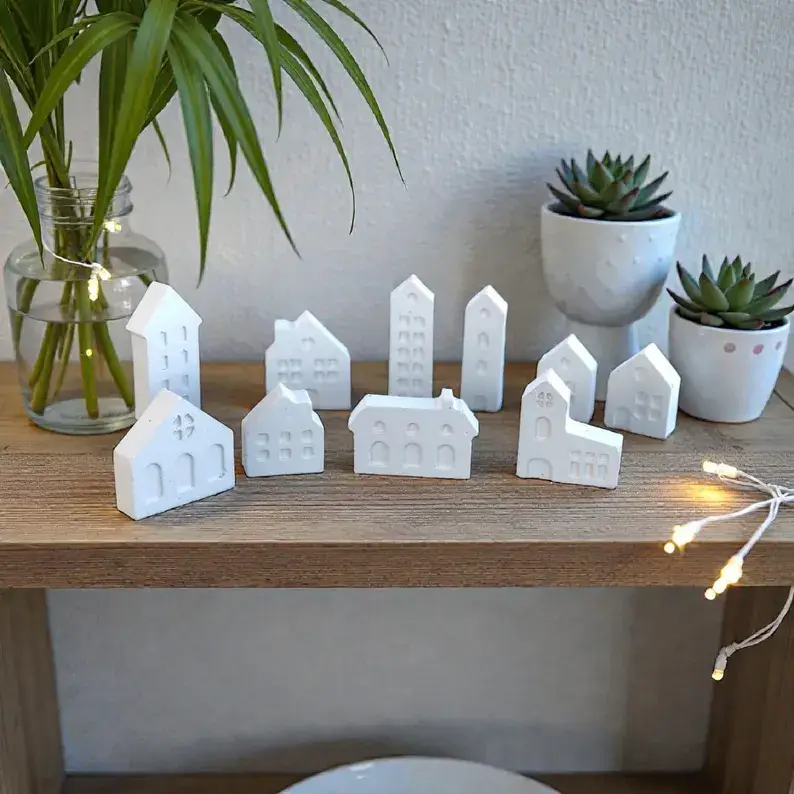 Set of 10 Miniature Nordic House Statues, Scandinavian Decor, Concrete decor
